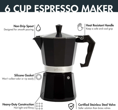 Primula Classic Stovetop Espresso and Coffee Maker, Moka Pot for Italian and Cuban Café Brewing, 6 Espresso Cups, Black