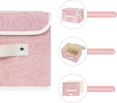 ANMINY Fabric Storage Bin with Lid Rose Print Storage Box Basket with PU Leather Handles Washable PP Plastic Board Decorative Foldable Lidded Shelf Cubes Closet Organizer Container - Pink, Small Size by ANMINY