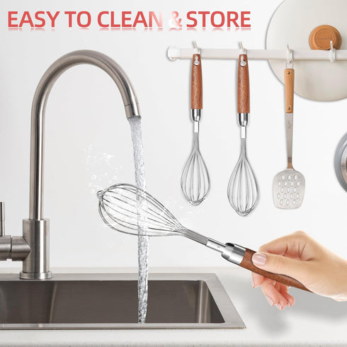 Whisk for Cooking, Stainless Steel Wire Wooden Handle Kitchen Hand Whisk for Blending, Beating, Stirring
