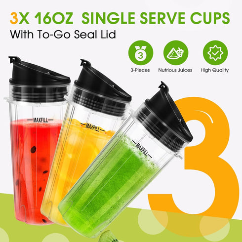 Blender Replacement Parts for Ninja, 3 Pack 16oz Cups with To-Go Lids for Nutri Ninja Compact Personal Blender