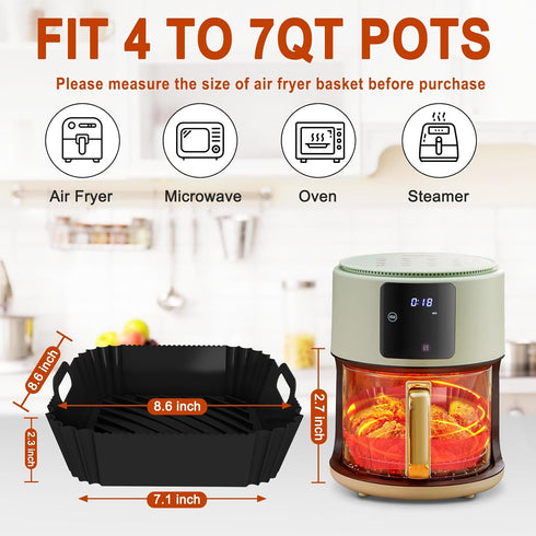 2 Pack Silicone Air Fryer Liners Reusable, 8.6 Inch Airfryer Liners 4-7 QT Square Air Fryer Liners Silicone Pot Oven Liner Baking Tray, Air Fryer Basket Mat Silicone Bowl Air Fryer Accessories