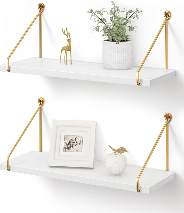 Afuly Floating Shelves for Wall, Metallic Gold White Wall Mounted Shelves, Shelves