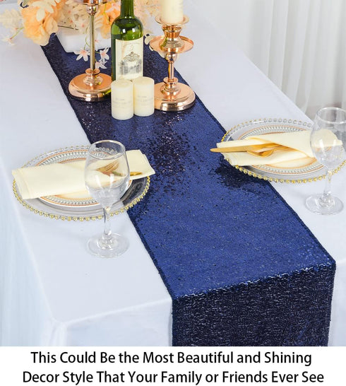ShinyBeauty 2 Pack Navy Blue Sequin Table Runners | 12in x 108in Elegant Dining Table Accessory for Fall & Christmas