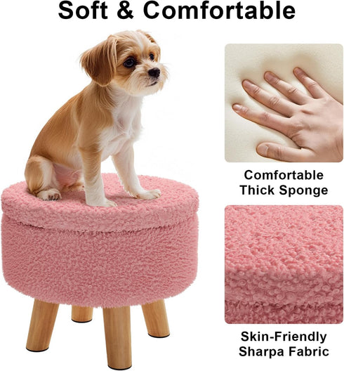 WBKATN Pink Storage Ottoman Foot Rest, Small Sherpa Ottoman with Storage, Cute Round Foot Stool, Modern Pouf Ottomans
