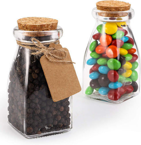 30 Pack 4 OZ Set yarlung Glass Favor Jars with Cork Lids, Clear Small Candy Jars Square Decorative Bottles