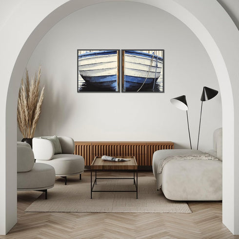 Nautical Wall Art, Wooden Boat Wall Decor, Blue White Rustic Boat Painting Canvas Print for Beach House, Unframed