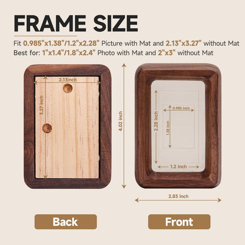 1x1.4 1.8x2.4 2x3 Solid Walnut Mini Picture Frame, Small Wood Photo Frame with Decorative Joinery Corners, Instax