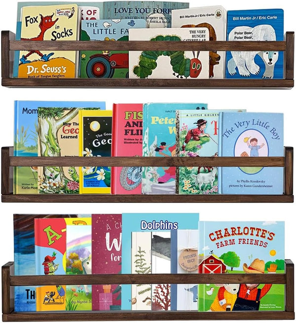 AZSKY Nursery Book Shelves 24 Inch Deep Walnut Floating Bookshelf for Kids