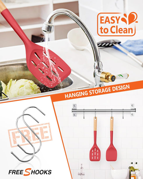 Pack of 2 Silicone Spatula, Non Stick Cooking Utensil Set with Wooden Handle for Baking, Mixing, Grilling, Red