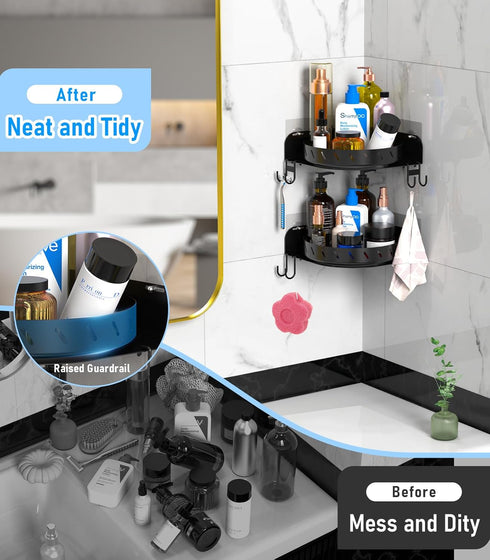 360 6 2PACK 5Pcs Rotating Shower Caddy Shelf With Hooks, Bathroom Organizer With Adhesive, Stainless Steel Corner Racks