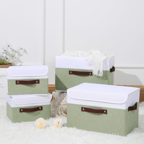 ANMINY Washable Storage Boxes with Lids, Decorative Storage Bins Basket with PU Leather Handle, Foldable Linen Fabric