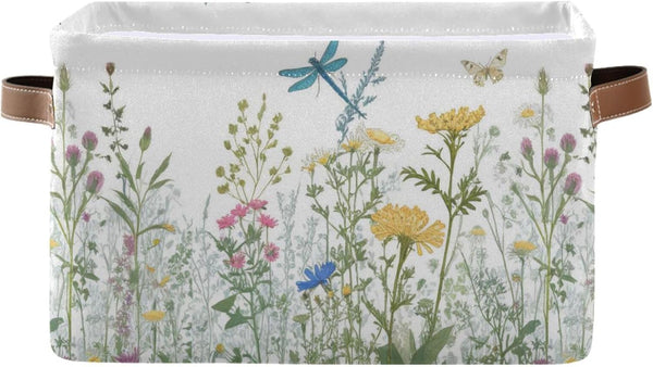 Colorful Herbs And Flowers Storage Baskets - Decorative Collapsible Rectangular Canvas Fabric Bin for Home