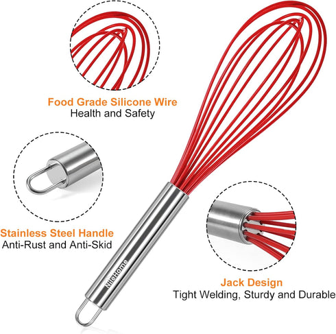NileHome Commercial Stainless Steel Whisk Set, 3 Pack Small Whisks (8" 10" 12") with Silicone Non-Stick Coating (Red)