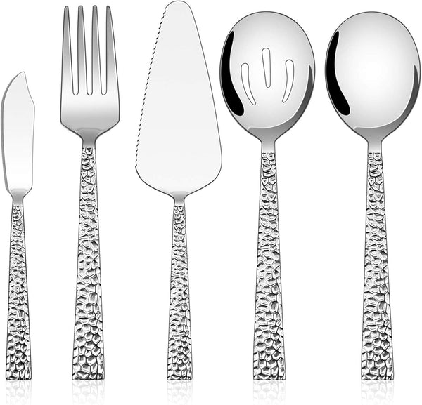 E-far Hammered Serving Utensils, 5-Piece Stainless Steel Square Hostess Serving Set, Mirror Finished & Dishwasher Safe
