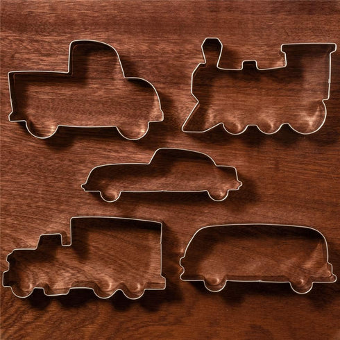 LILIAO Transportation Cookie Cutter Set - 5 Piece Stainless Steel Train, Truck, Pick-up Truck, Car, and Bus Fondant