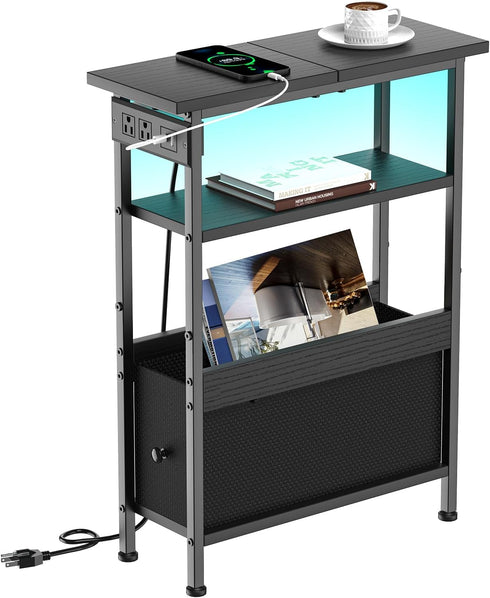Creso hom Narrow Side Table with Charging Station and LED Light, Small