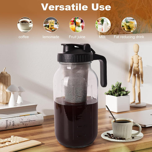 Cold Brew Coffee Maker, 64 oz Wide Mouth Mason Jar Pitcher with Stainless Steel Filter, Airtight & Leak-Proof