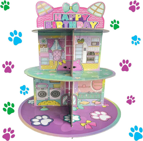 Terasilian Cartoon Cat Dollhouse Cupcake Stand 3-Tier Pink Cake Stand for 24 Cupcakes
