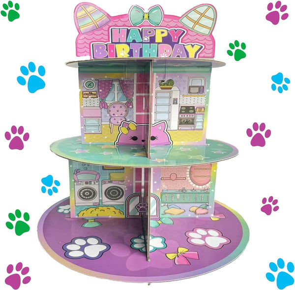 Terasilian Cartoon Cat Dollhouse Cupcake Stand 3-Tier Pink Cake Stand for 24 Cupcakes