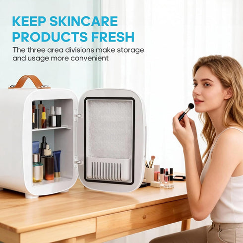 4L 6 110V Ac/12V DUMOS Mini Fridge for Bedroom, Compact Personal Fridge Cooler For Skincare, Drinks, And Snacks, Fits