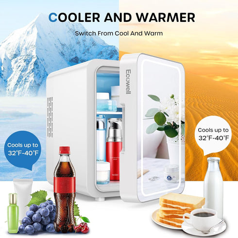 ECOWELL Mini Skincare Fridge with LED Mirror, 4L/6 Can for Makeup Cosmetic Beauty, Small Refrigerator for Bedroom Office