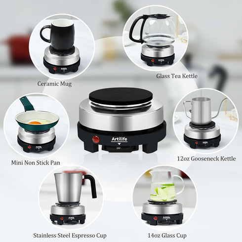 Artilife 500W Small Hot Plate, Mini Electric Portable Stove, Perfect Size for Moka Pot, 110V