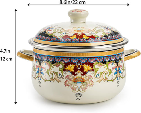 ZENFUN Kitchen Enamel Stockpot with Lid, 3.5 Quart Retro Flower Stew Bean Cooking Pot, Vintage Thicken Soup Pot with Handles, Nonstick, Safe for Induction Cookers, Gas Stove by ZENFUN
