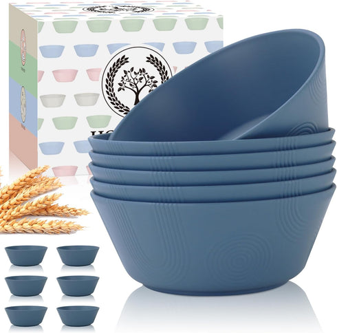 Homienly 36 Oz Wheat Straw Bowls Set of 6, Unbreakable Dinnerware, Microwave & Dishwasher Safe, Navy Blue
