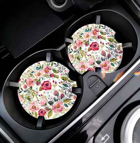 Car Coasters for Women, 2 Pack Mother's Day Auto Ceramic Coasters for Cup Holders, Easy Removal (Flower)