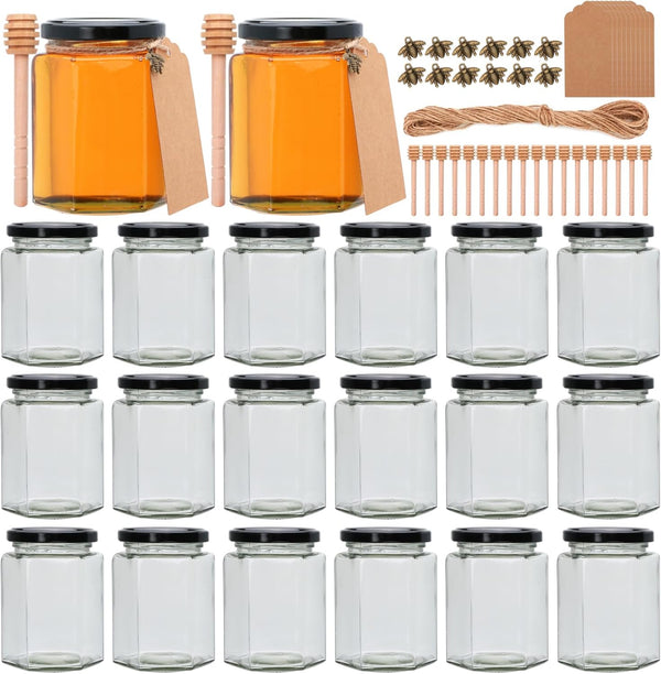 Woaiwo-q 10 oz Honey Jars with Dipper, 20 Pack Hexagon Glass Jars with