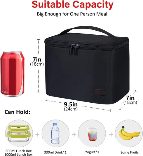 Gloppie Insulated Lunch Bag, Lunch Box Cooler Bag for Work Picnic, Ideal Gift, Black