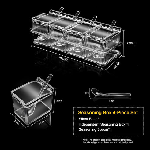 ZGWJ Acrylic Kitchen Spice Pots, 4 Piece Clear Seasoning Box Set with Cover and Spoon