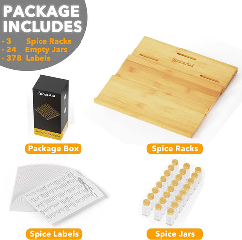 24 378 3 15" 15" 2.6" SpaceAid Bamboo Spice Drawer Organizer with Spice Jars, White Minimalist Spice Labels, Tier