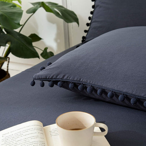 Navy Blue Pom Poms Pillowcases - Dark Blue Standard Queen 20x30 Inches Set of 2, 100% Washed Microfiber
