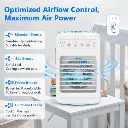 Portable Air Conditioners, 180° Oscillation Mini AC, 4 Wind Speed, Built-in Ambient Light, Large Water Tank for