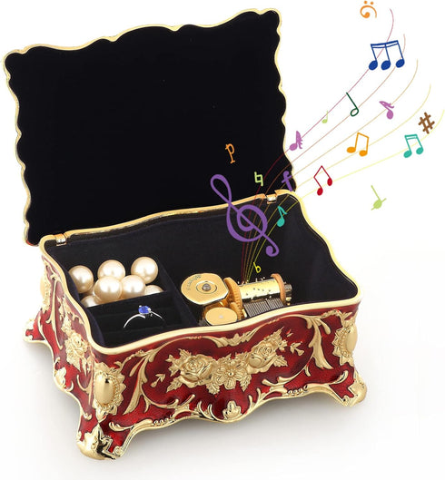 ROSIKING Red Rectangle Emboss Alloy Metal Music Box Wind Up Antique Jewelry