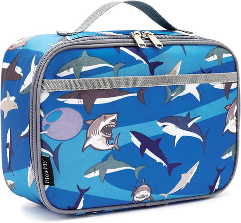 FlowFly Kids Lunch Box, Insulated Soft Bag Mini Cooler, Back to School Thermal Meal Tote Kit for Girls, Boys, Shark