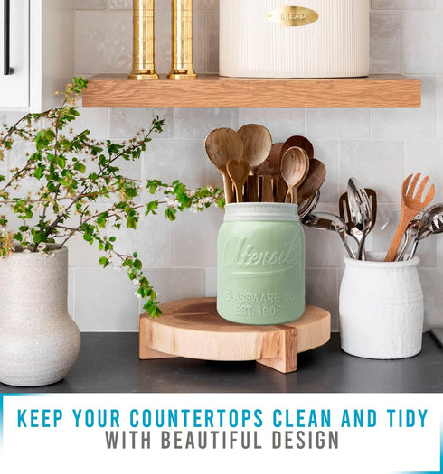 Comfify Wide Mouth Mason Jar Utensil Holder, Decorative Kitchenware Organizer Crock, Green, Large Size 7" Height