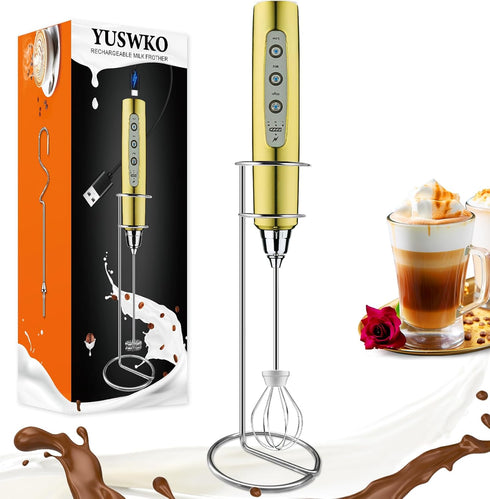 YUSWKO Champagne Gold Handheld Milk Frother Wand with Stand, Rechargeable Electric Whisk, 3 Heads, 3 Speeds