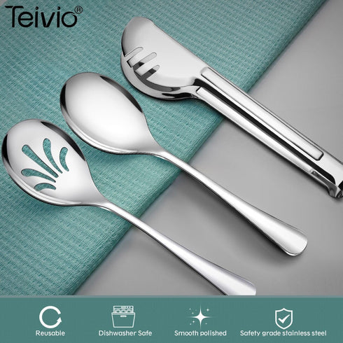 Teivio Stainless Steel Serving Utensils Set - Large 9-10" Spoons, 10" Slotted Spoons, 9" Tongs (Silver)