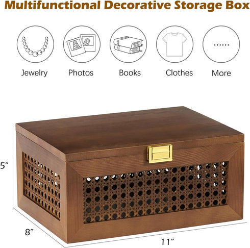 Decorative Rattan Storage Boxes: Solid Wood Woven Baskets with Lid, Keepsake Memory Jewelry Box, Natural Boho Organizer