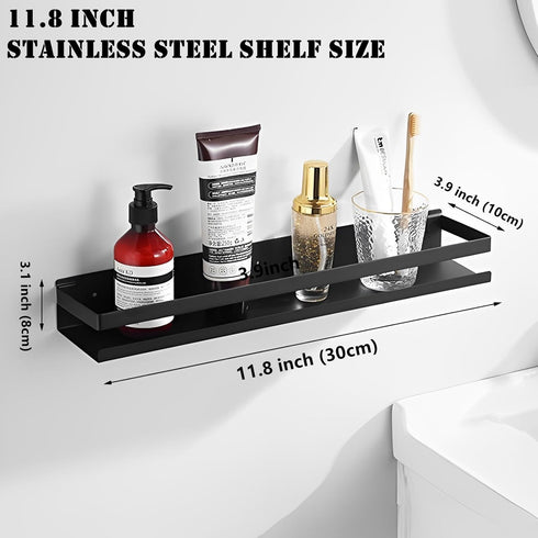 Floating Shelves Wall Mounted, Rustproof Stainless Steel Bathroom Shelf, Black Nail-Free Kitchen Spice Rack, Adhesive
