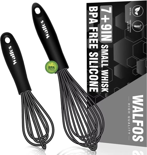Walfos Silicone Whisk, 7+9in Mini Whisks for Non-Scratch Cookware, Perfect for Whisking, Beating, Blending, Black