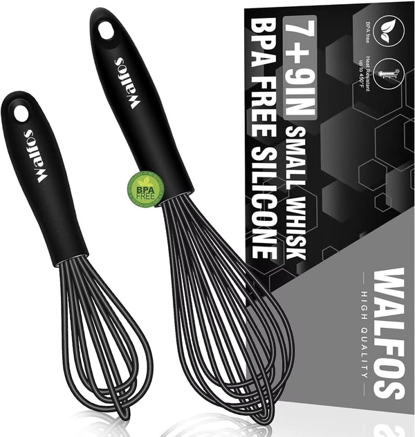 Walfos Silicone Whisk, 7+9in Mini Whisks for Non-Scratch Cookware, Perfect for Whisking, Beating, Blending, Black