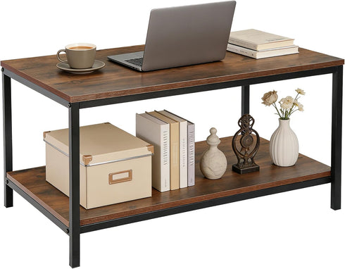 2-Tier SUPER DEAL Industrial Coffee Table with Storage Shelf for Small Apartment Living Room, Rectangle Wood and Stable