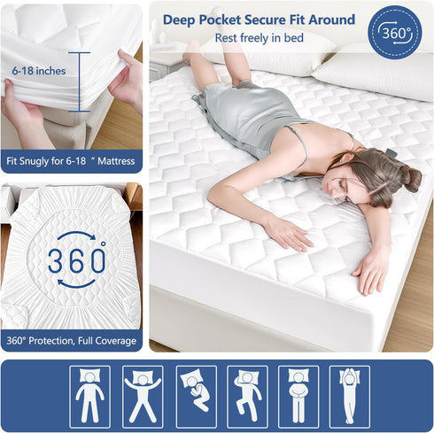 18 Full Size Mattress Protector Waterproof Washable Mattress Padded Cover Fitted Bed Protection Noiseless Plastic Bed