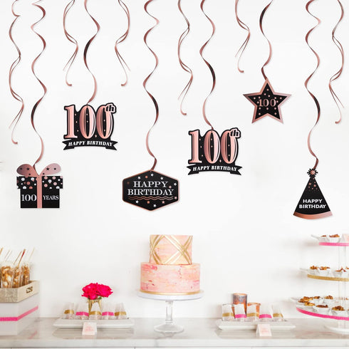LINGTEER Happy 100th Birthday Decorations, 12 Pcs Black & Rose Gold Foil Swirls Streamer Set for 100 Years Old