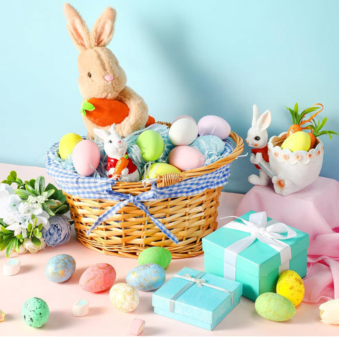 SiliFine Easter Bunny Gift Basket, Include Wicker Basket with Liner Gingham, Easter Plush Bunny Rabbit, Easter Eggs