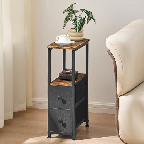 DALEMHOME 2 HKET1200BR End Table, Narrow Side Table with Fabric Drawers, Slim Nightstand, Small Bedside Table