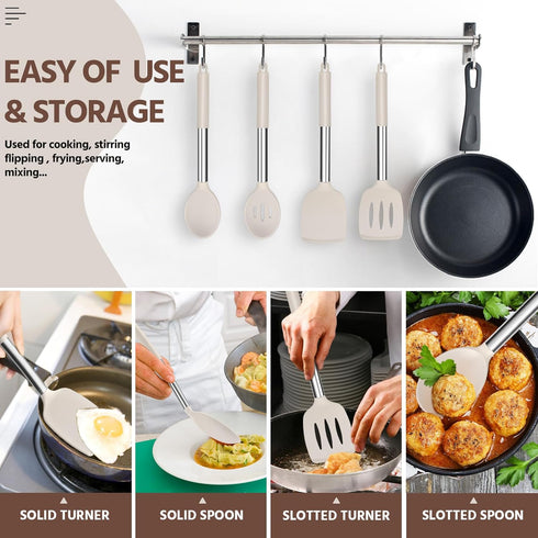 E-far Cooking Utensils Set of 4 - Silicone Kitchen Utensils for Non-stick Cookware, Heat Resistant, Khaki